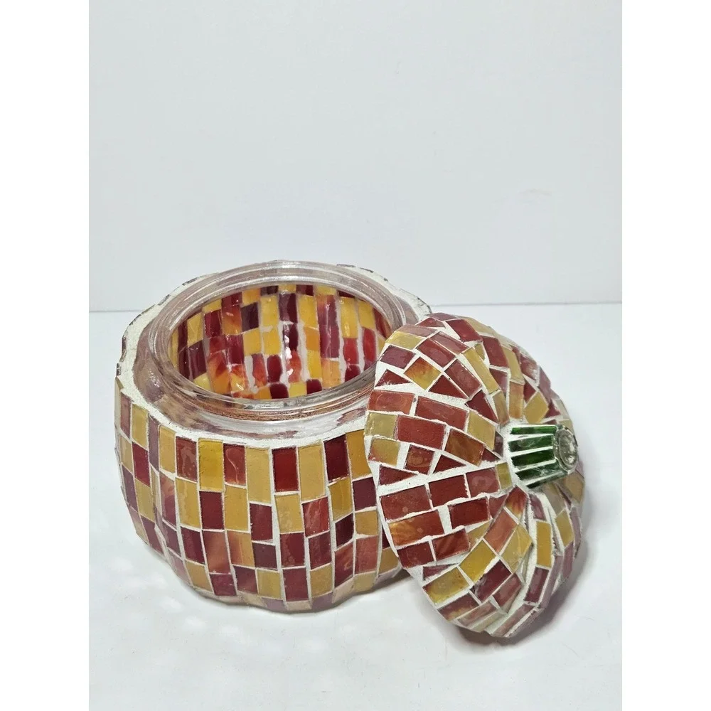 Handmade Mosaic Glass Pumpkin Trinket Box Candle Holder Fall Halloween Decor 5in